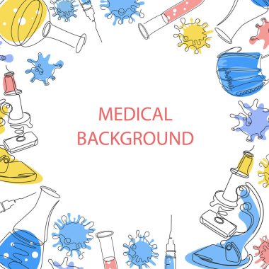 Tıbbi illüstrasyon seti. Mikroskop, maske, test tüpleri. Aralıksız çizgi.