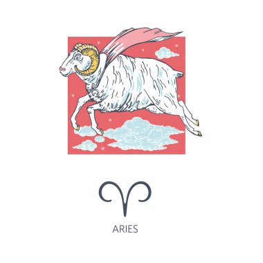 Koç burcu takımyıldızı. Süper kahraman pelerinli bir koç bulutların arasında uçar..