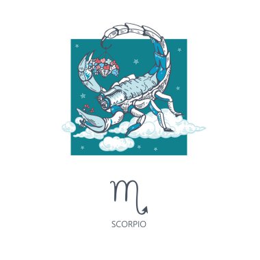 Akrep burcu. Bulutların arasında Akrep. Bir sepet çiçek..