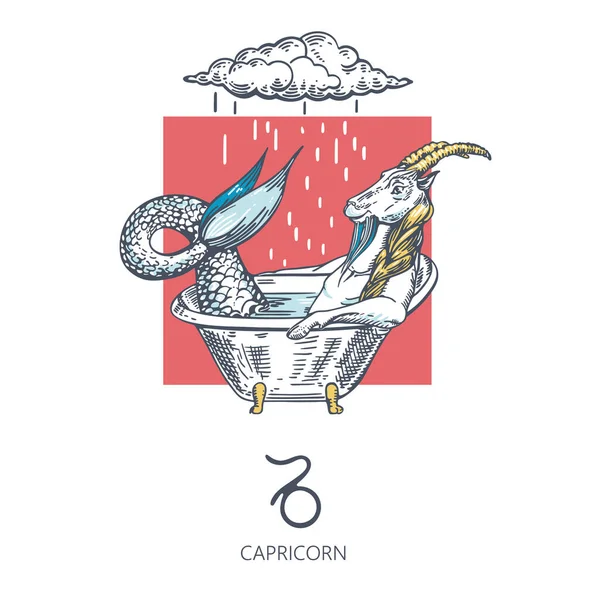 Signo do zodíaco do capricórnio. Capricórnio está sentado no banho. Nuvem e chuva. —  Vetores de Stock