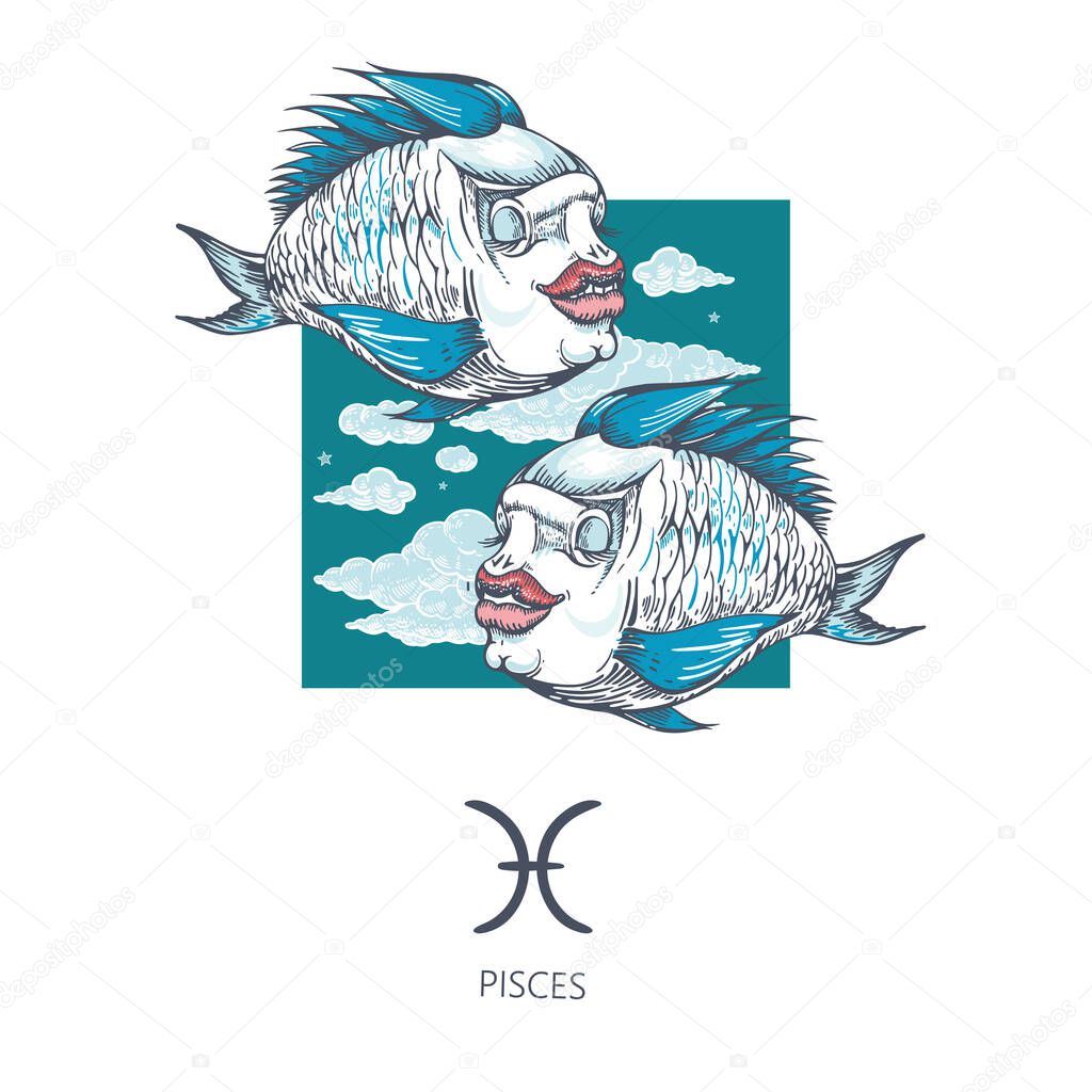 Pisces zodiac sign. The symbol of the astrological horoscope. Hand-drawn illustration.