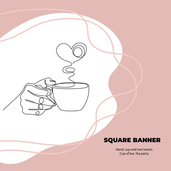 Hand, Becher und zwei Herzen. Tasse Tee vorhanden. Tea party. Minimalistische Grafik. — Stockvektor