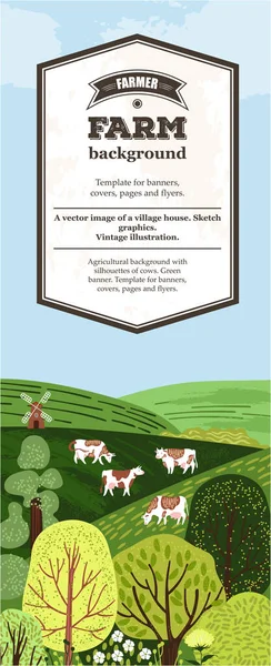 Вертикальне сільськогосподарське тло. Корови в пасовищі. Силуети корів і дерев . — стоковий вектор