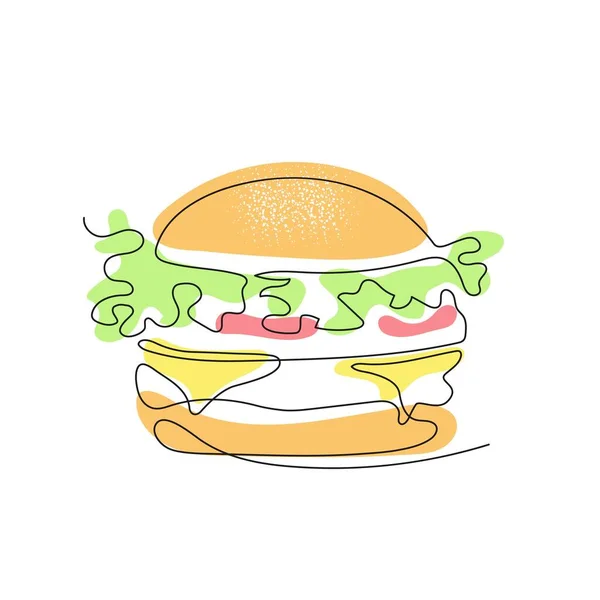 Burger is drawn with one line. Fast food. — Stock Vector
