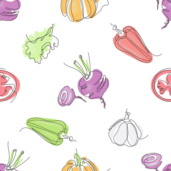 Modèle sans couture avec l'image des légumes. Dessin à ligne unique. — Image vectorielle