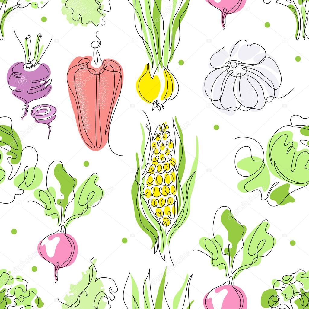 Seamless pattern with the image of vegetables. Single line drawing.