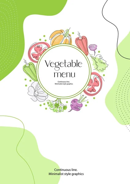 Vegetáriánus kaja. A zöldségeket egyetlen vonallal rajzolják. Folyamatos vonal. — Stock Vector