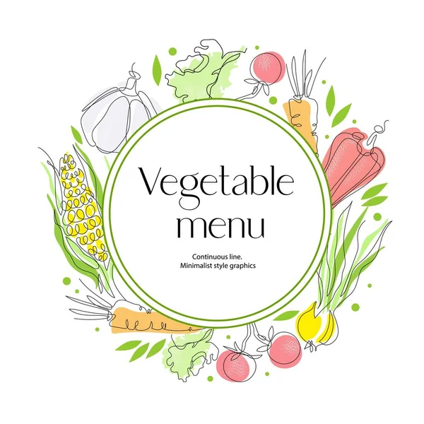 A zöldségeket egyetlen vonallal rajzolják. Kerek összetétel. Vegetáriánus menü. — Stock Vector