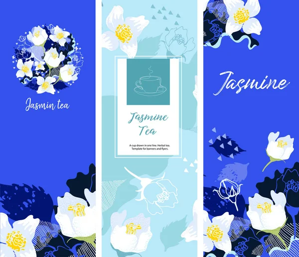 Sfondi blu con foglie di gelsomino e fiori. Tè con gelsomino. — Vettoriale Stock