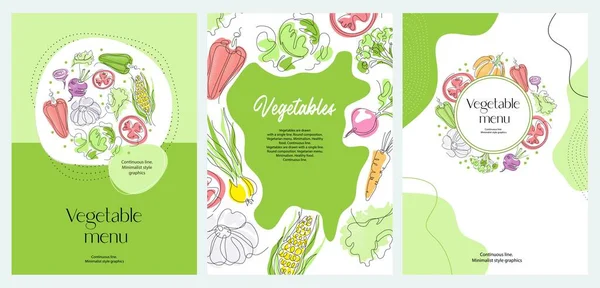 Vegetáriánus kaja. A zöldségeket egyetlen vonallal rajzolják. Paradicsom, tök, hagyma, fokhagyma. — Stock Vector