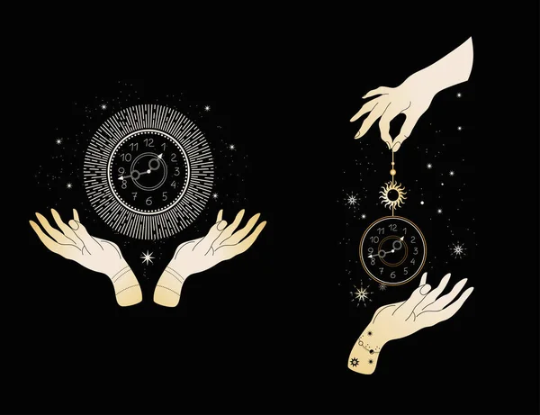 Magic hands with a clock. Space with stars and planets. — Stock Vector