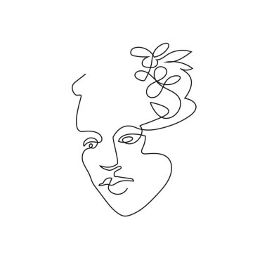 Tek sıra halinde çizilmiş bir kadın yüzü. Devamlı bir çizgi. Minimalist bir şekilde vektör illüstrasyonuName.