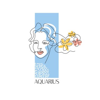 Kova burcu burcu. Astrolojik burcun sembolü. Vektör çizimi. Bir kızın portresi..