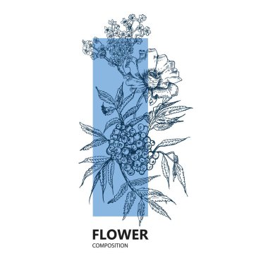Çiçeksel kompozisyon. Rowan ve çiçekler. Çizim grafikleri. Botanik.