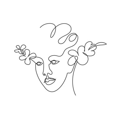 Tek sıra halinde çizilmiş bir kadın yüzü. Devamlı bir çizgi. Minimalist bir şekilde vektör illüstrasyonuName.