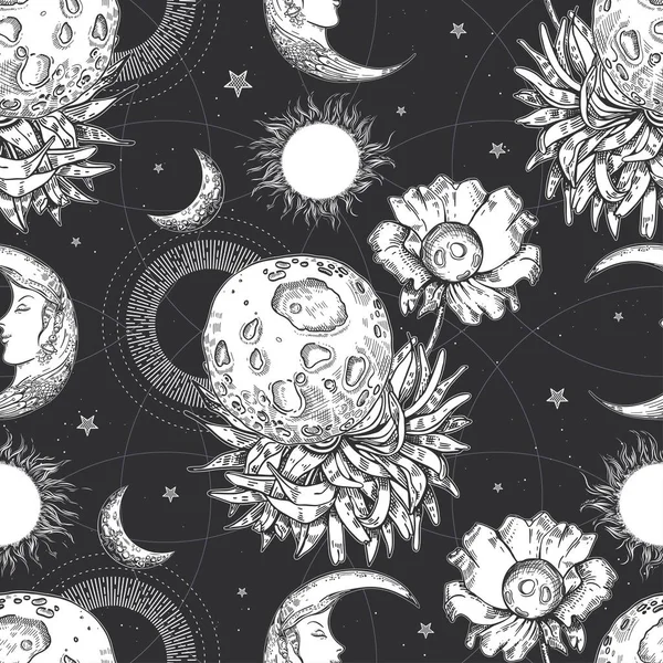 Planeten, Blume und Sonne. Weltraum-Illustration. Surrealismus. — Stockvektor