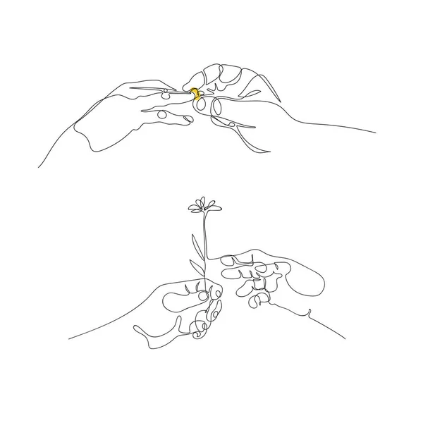 Deux mains et une alliance. Main donne une fleur. — Image vectorielle