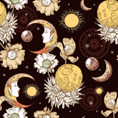 Kusursuz desen. Ay 'a bakan güneş ve hilal. Zodiac çemberi.