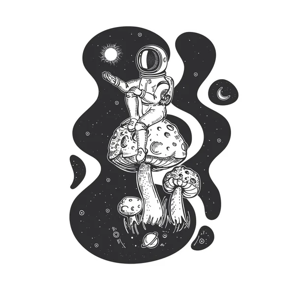 Les champignons sont comme des planètes. Illustration spatiale. Croquis de tatouage. — Image vectorielle