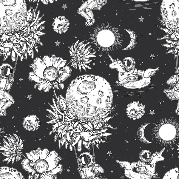 Planeter, blomma och sol. Rymdbild. Surrealism. — Stock vektor