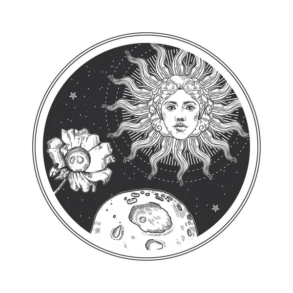 Il volto del sole, dei pianeti e dei fiori. Illustrazione spaziale. Illustrazione vintage. T — Vettoriale Stock