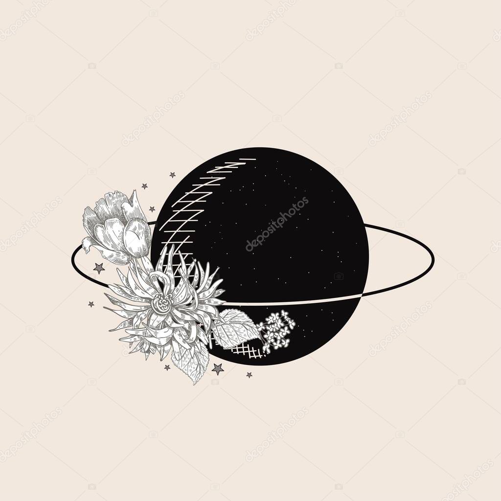 Saturn and white flowers. Space illustration. Vintage illustration.