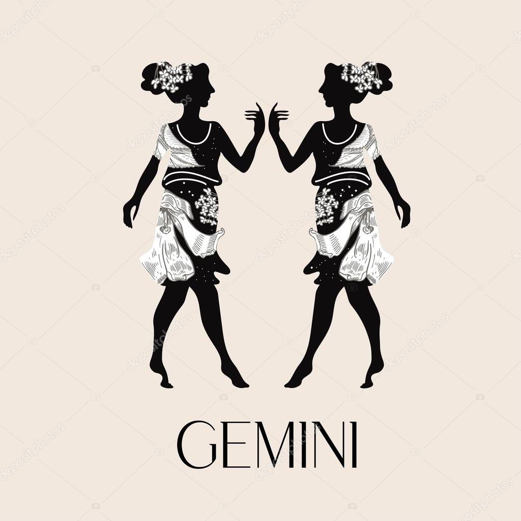 Zodiac sign Gemini. Black silhouette with white flowers. The symbol of the astrological horoscope. Silhouette of a women. Two girls.