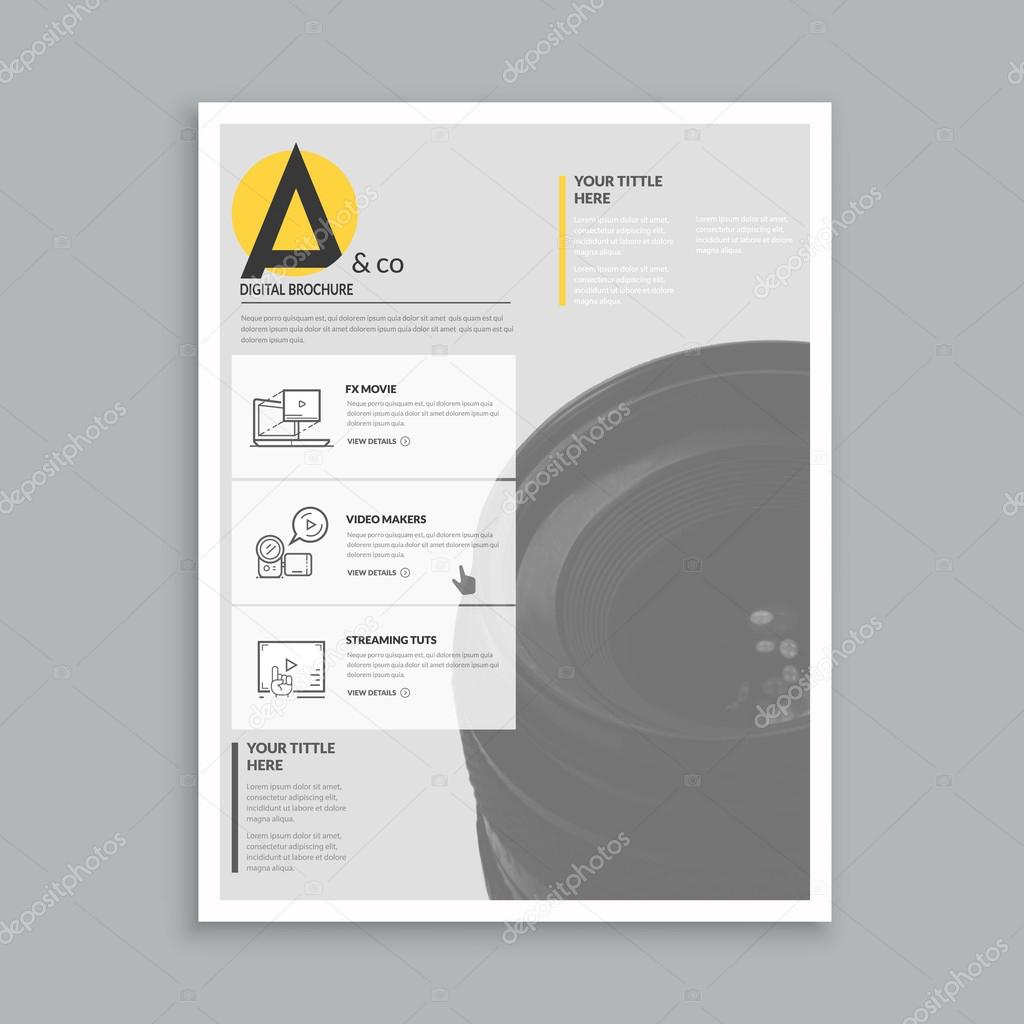 Realistic template for magazine, flyer, brochure design with realistic photo background and concept icons set.