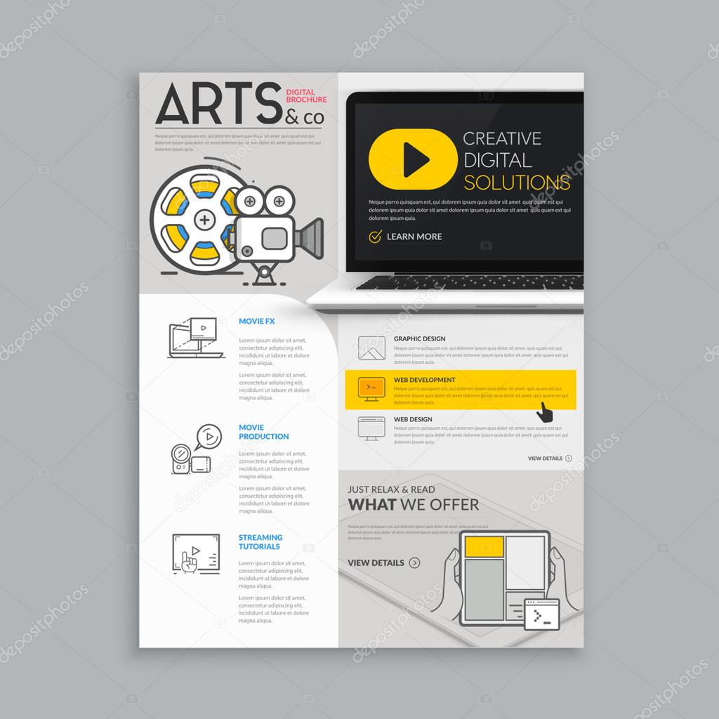 Realistic template for magazine, flyer, brochure design with realistic photo background and concept icons set.