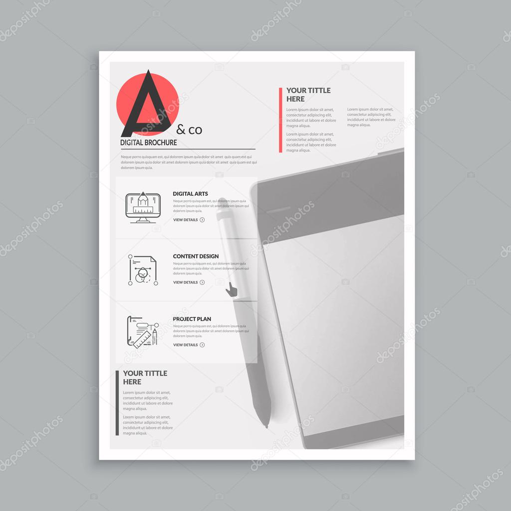 Realistic template for magazine, flyer, brochure design with realistic photo background and concept icons set.
