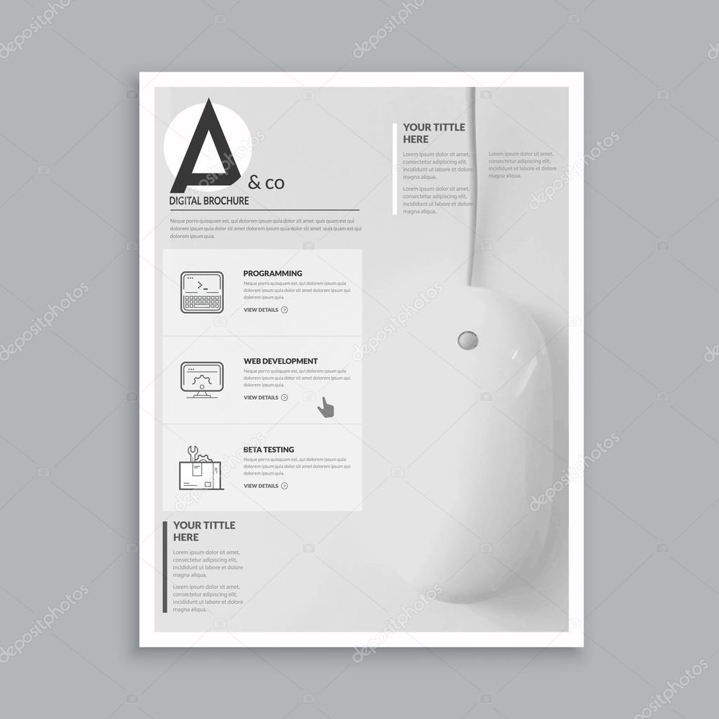 Realistic template for magazine, flyer, brochure design with realistic photo background and concept icons set.