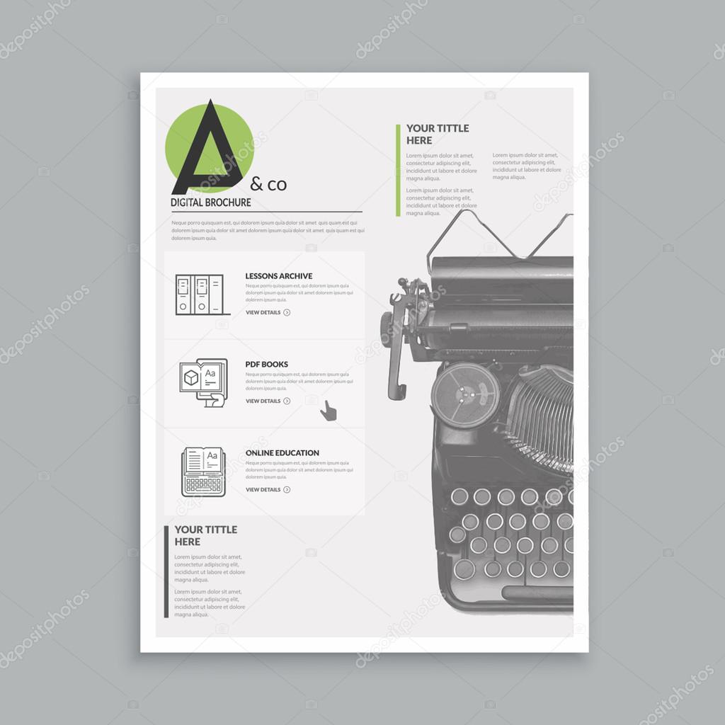 Realistic template for magazine, flyer, brochure design with realistic photo background and concept icons set.