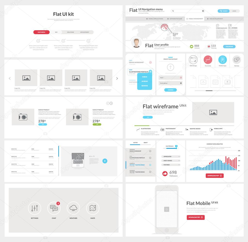 Flat website, mobile UI kit for business templates