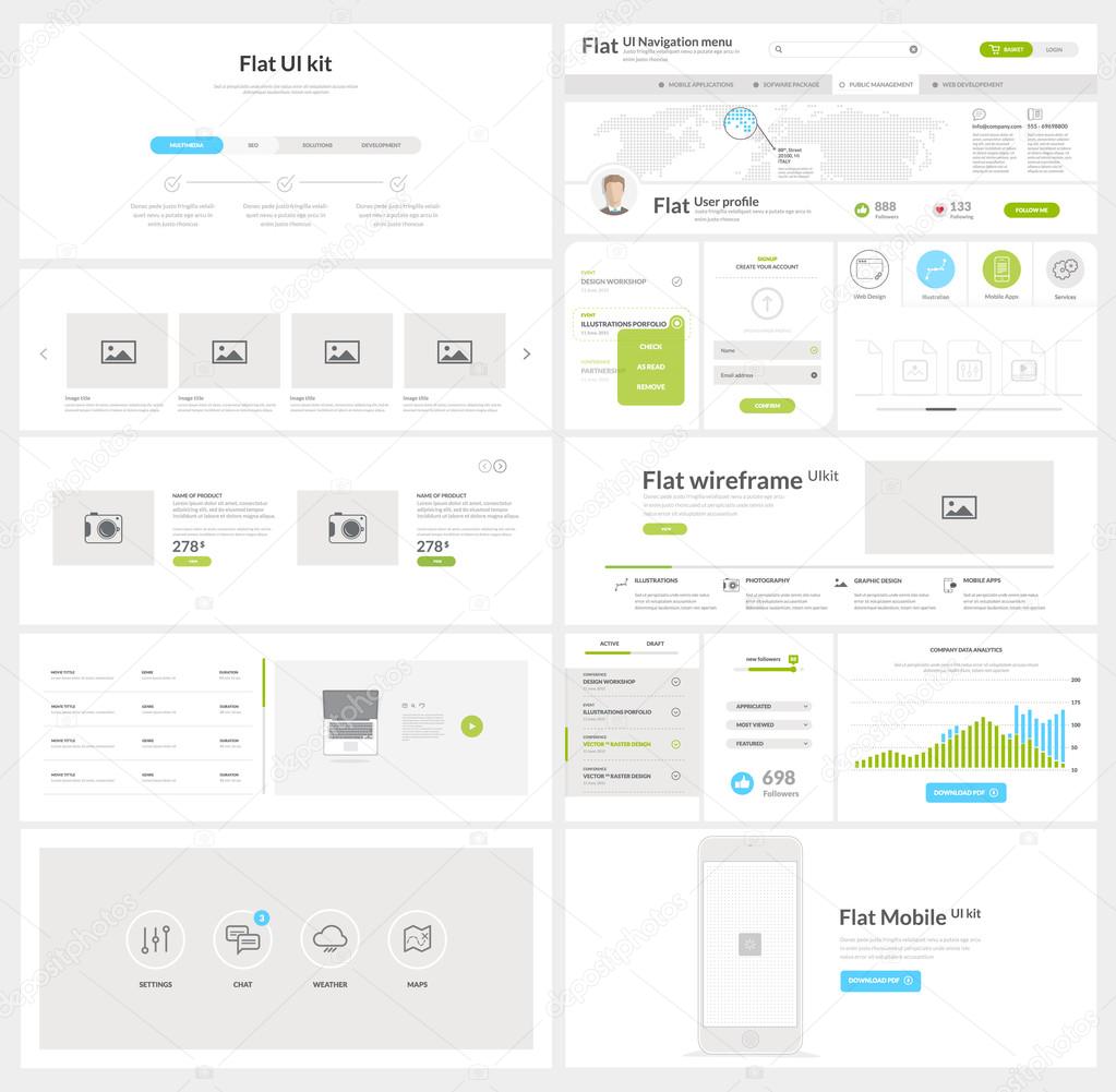 Flat website, mobile UI kit for business templates