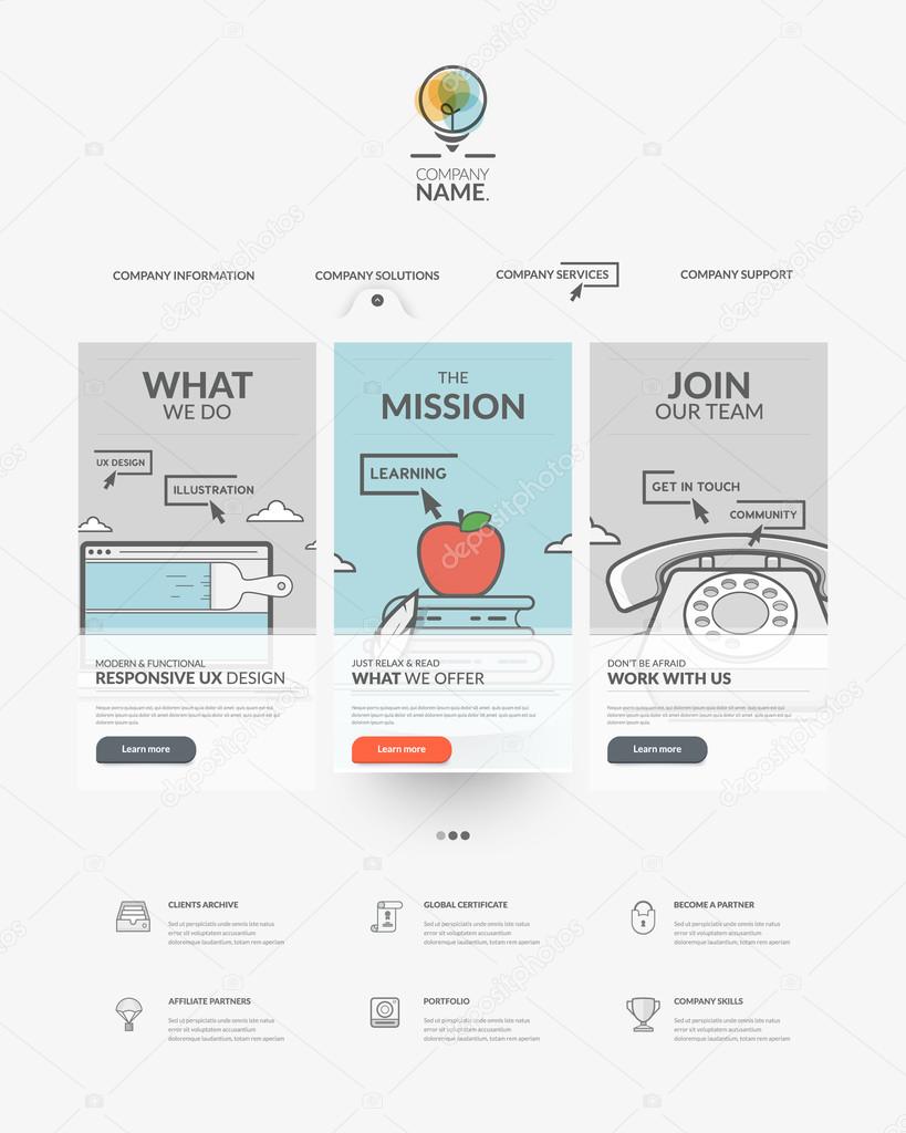 Home page of website with personal company concept logo and icons