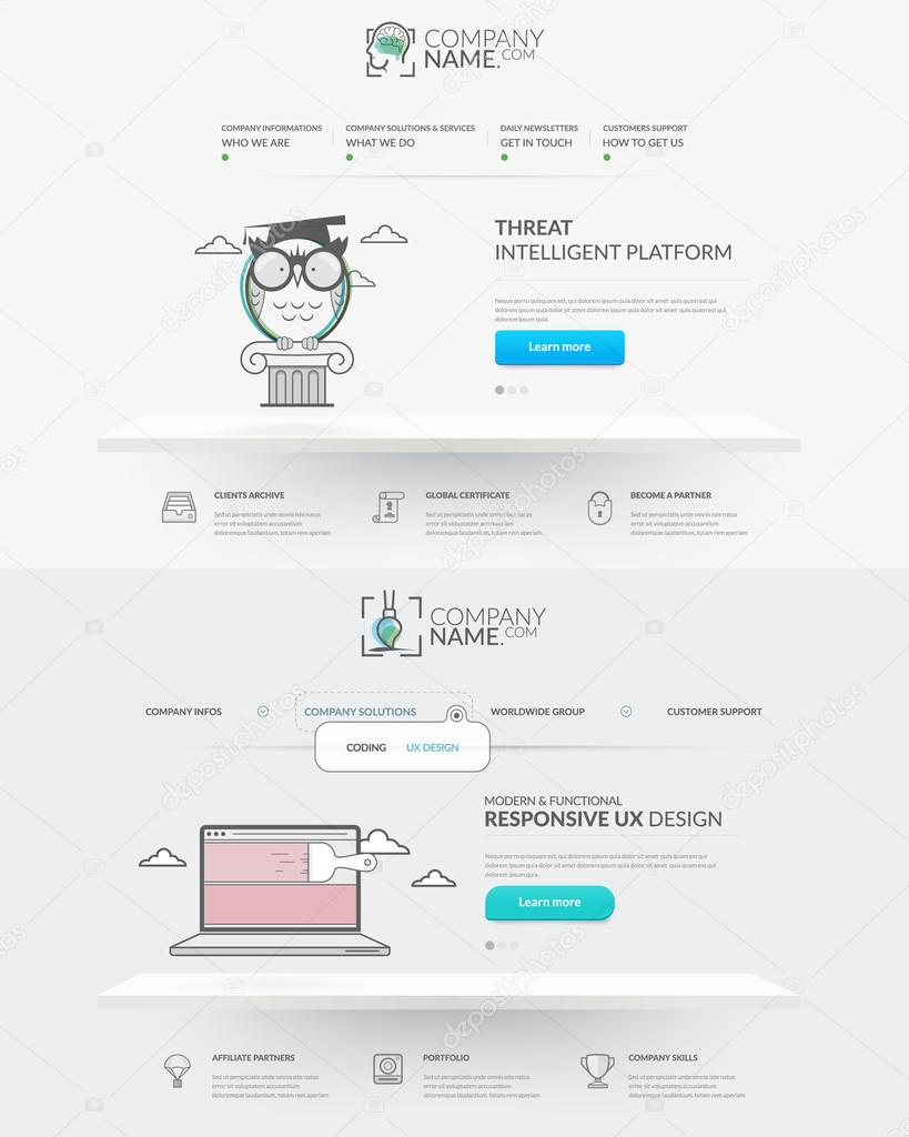 Set of two front pages of website with personal company concept logo and icons