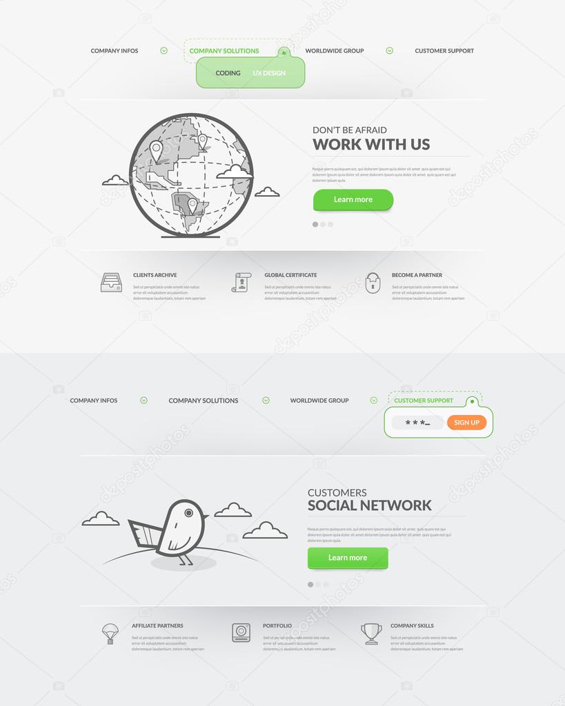 Set of two homepage templates for personal or company business portfolio with concept icons.
