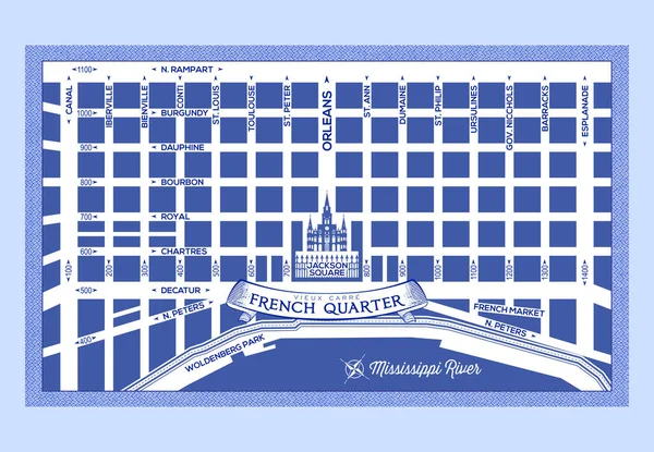 Mapa New Orleans Louisiana French Quarter Downtown Uptown Mississippi River — Fotografia de Stock