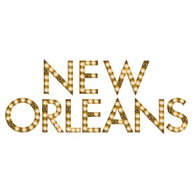 New Orleans şehrinin beyaz arka planında altın renkli metni var. New Orleans tabelası.