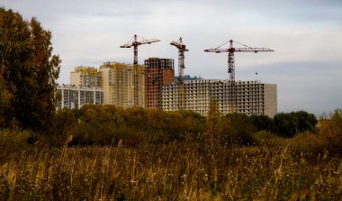 Kuru otlardan oluşan bir arka planda şehir manzarası