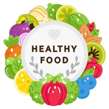 Sağlıklı yiyecek yuvarlak afişi, vektör illüstrasyonu