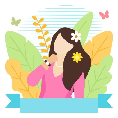 Kadınlar Günü illüstrasyonu, parlak yapraklı kadın. 