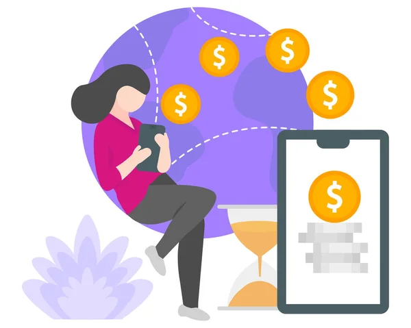 Global Money Transfer Koncept Vektor Illustration Kvinna Som Använder Smartphone — Stock vektor