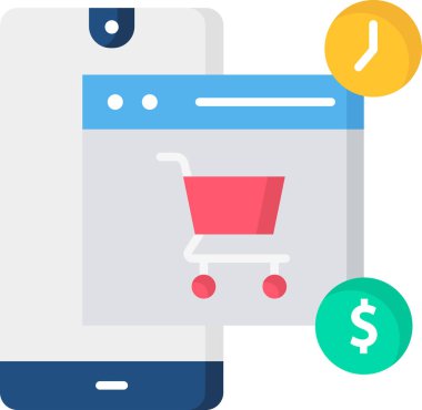 Web sayfası ve alışveriş arabası düz simge, vektör, illüstrasyon, e-ticaret konsepti ile akıllı pone