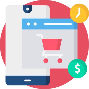 Web sayfası ve alışveriş arabası düz simge, vektör, illüstrasyon, e-ticaret konsepti ile akıllı pone