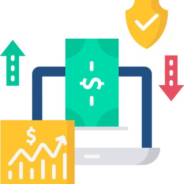 Dizüstü bilgisayarlı düz simge, vektör, illüstrasyon, döviz kuru kavramı olan para