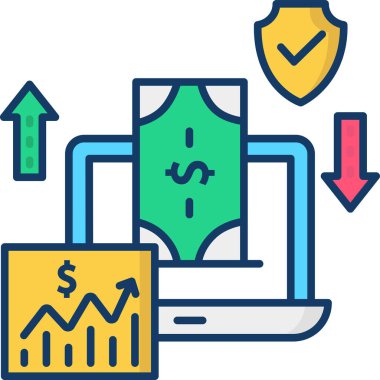 Dizüstü bilgisayarlı düz simge, vektör, illüstrasyon, döviz kuru kavramı olan para