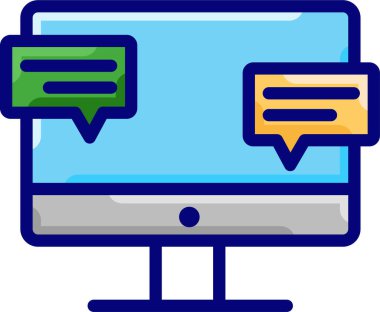 Laptop ekran simgesinde konuşma baloncukları. Vektör illüstrasyonu, sohbet destek kavramı 