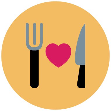Bıçaklı çatal ve kalp yassı ikon, vektör, illüstrasyon, romantik yemek konsepti 