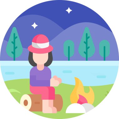 Çizgi film karakterinin şömine başında minimalist vektör çizimi